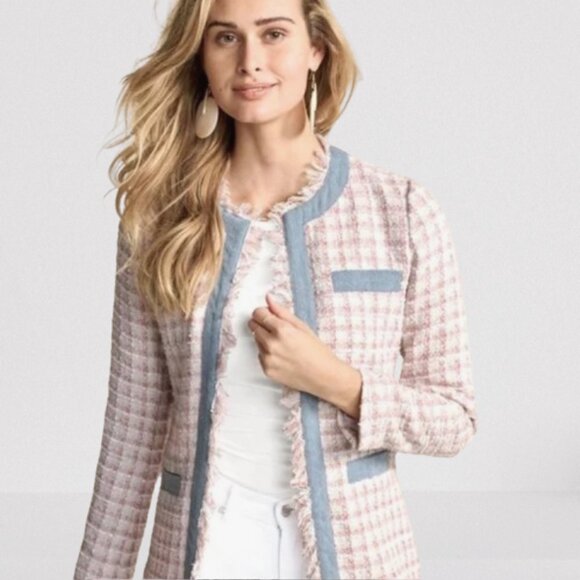 Venus Women’s 16 Tweed Fringe Open Front Jacket Pink Pastel Blue hook closure - Picture 1 of 13